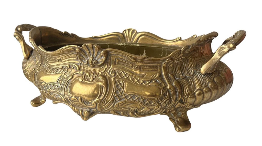 Large French Art Nouveau Brass Jardinière with Removable Liner, Vintage Planter