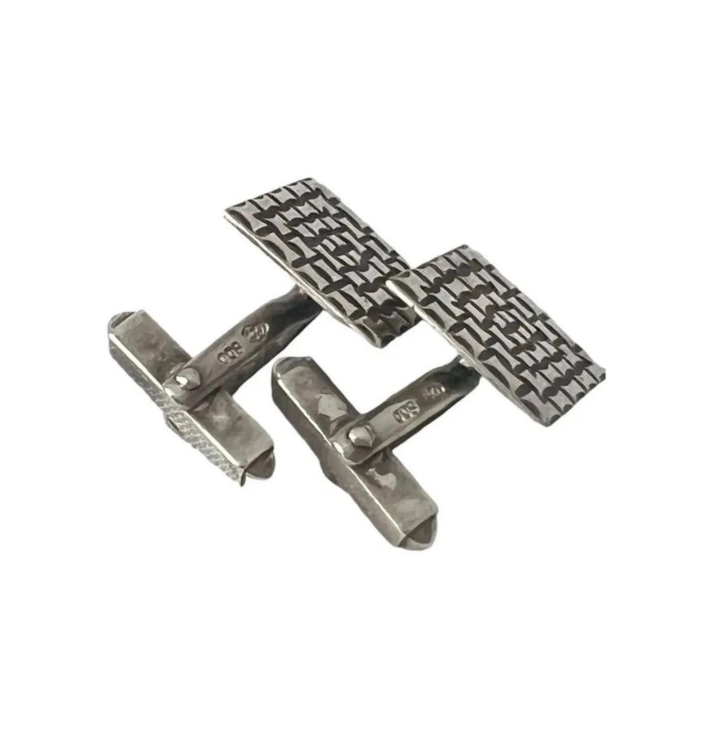 Vintage Silver Square Cufflinks with Textured Geometric Design.