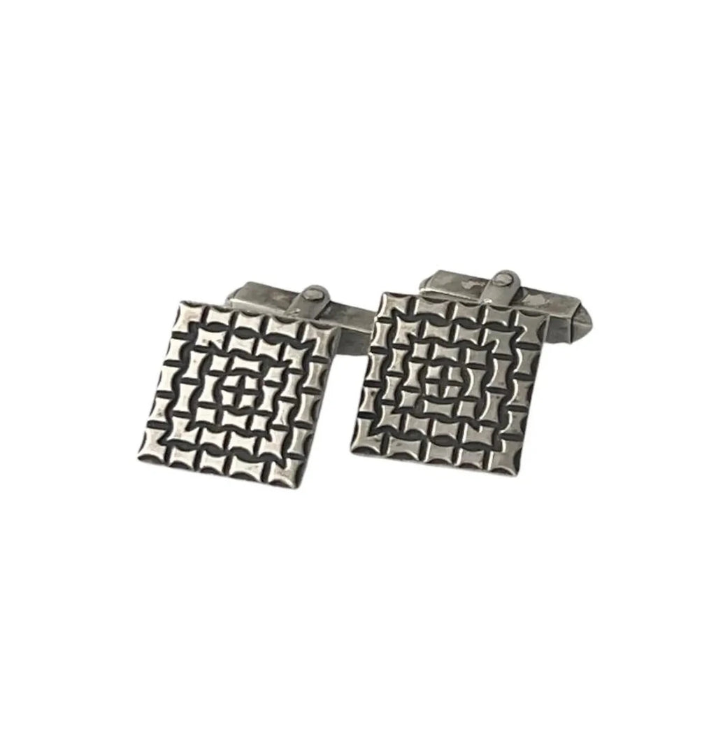 Vintage Silver Square Cufflinks with Textured Geometric Design.