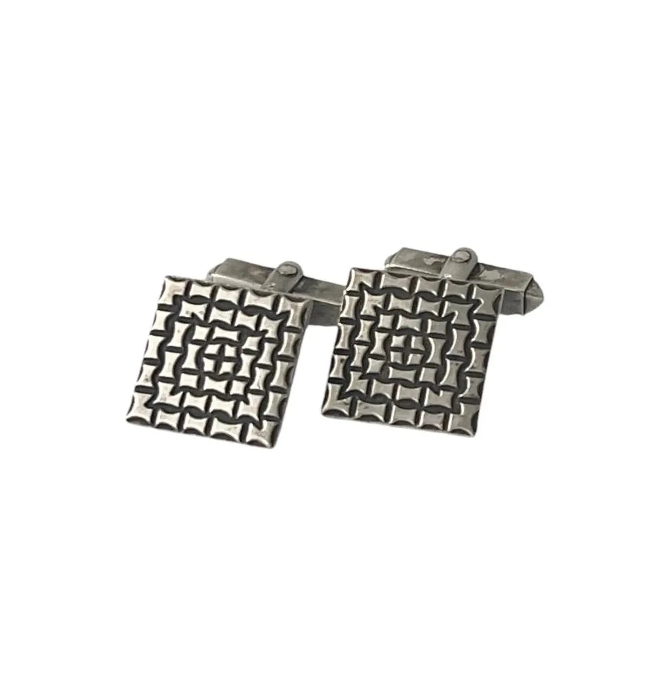 Vintage Silver Square Cufflinks with Textured Geometric Design.