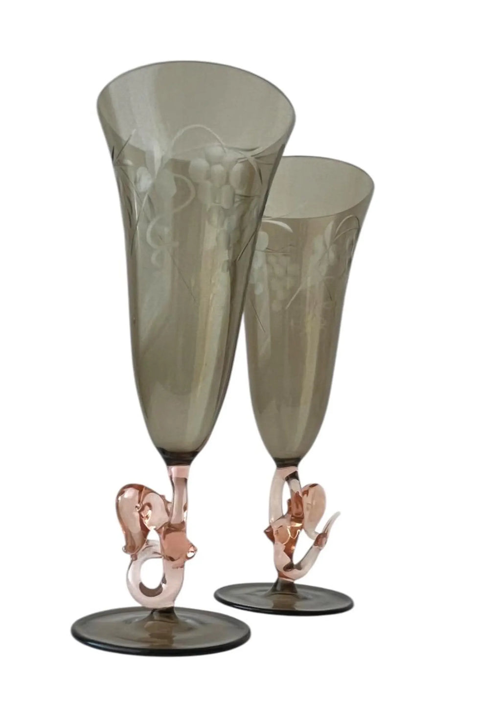 Lauscha Art Deco Mermaid Glasses – Fritz Lampl Style – Hand-Blown Etched Flutes