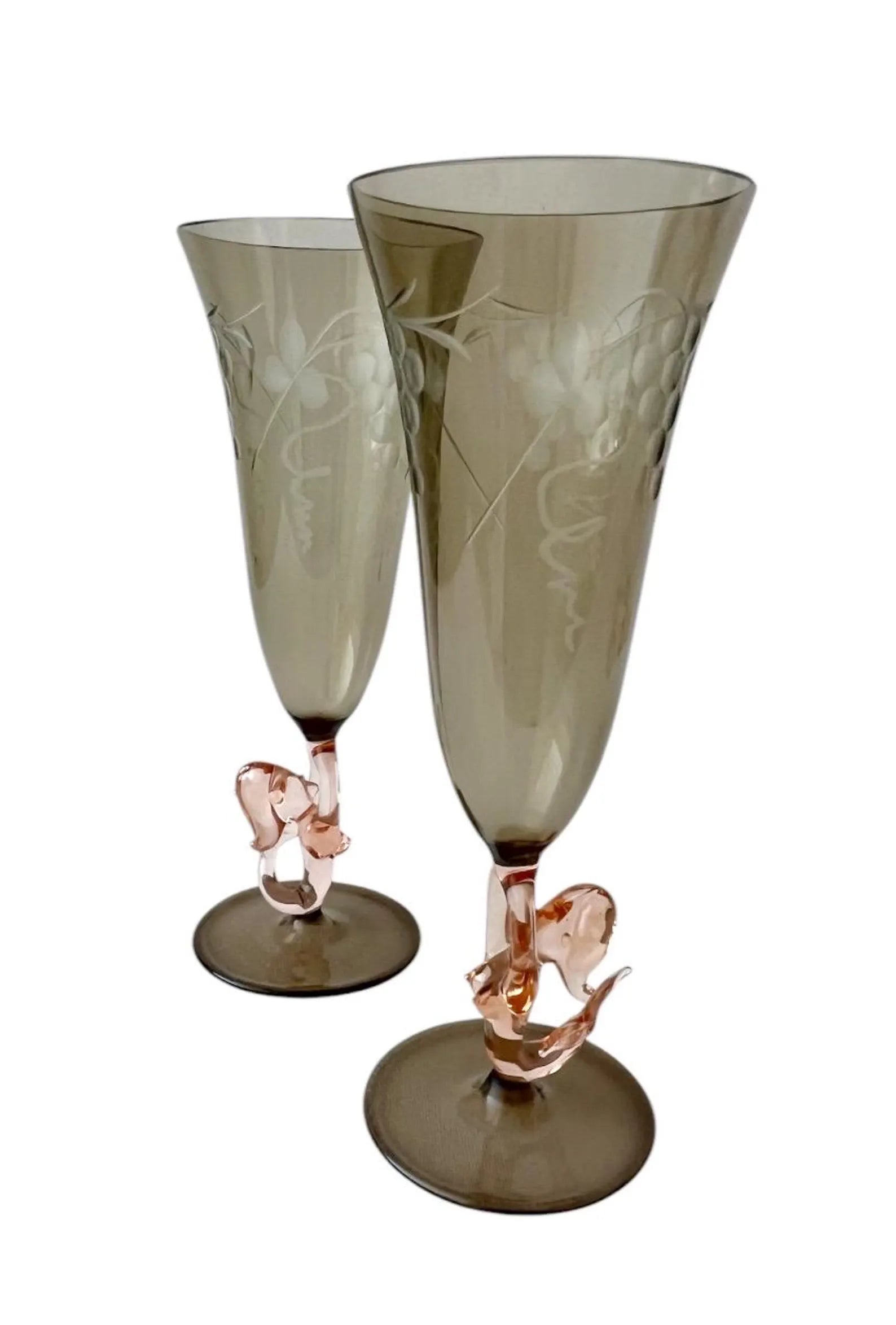 Lauscha Art Deco Mermaid Glasses – Fritz Lampl Style – Hand-Blown Etched Flutes