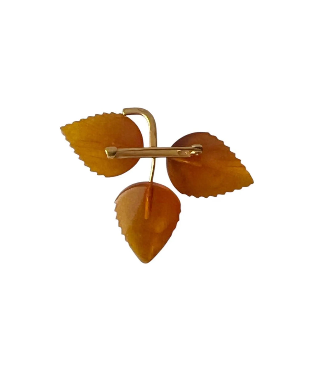 Vintage Baltic Amber Leaves Brooch - Gold Plated Brass Frame, USSR 1980s