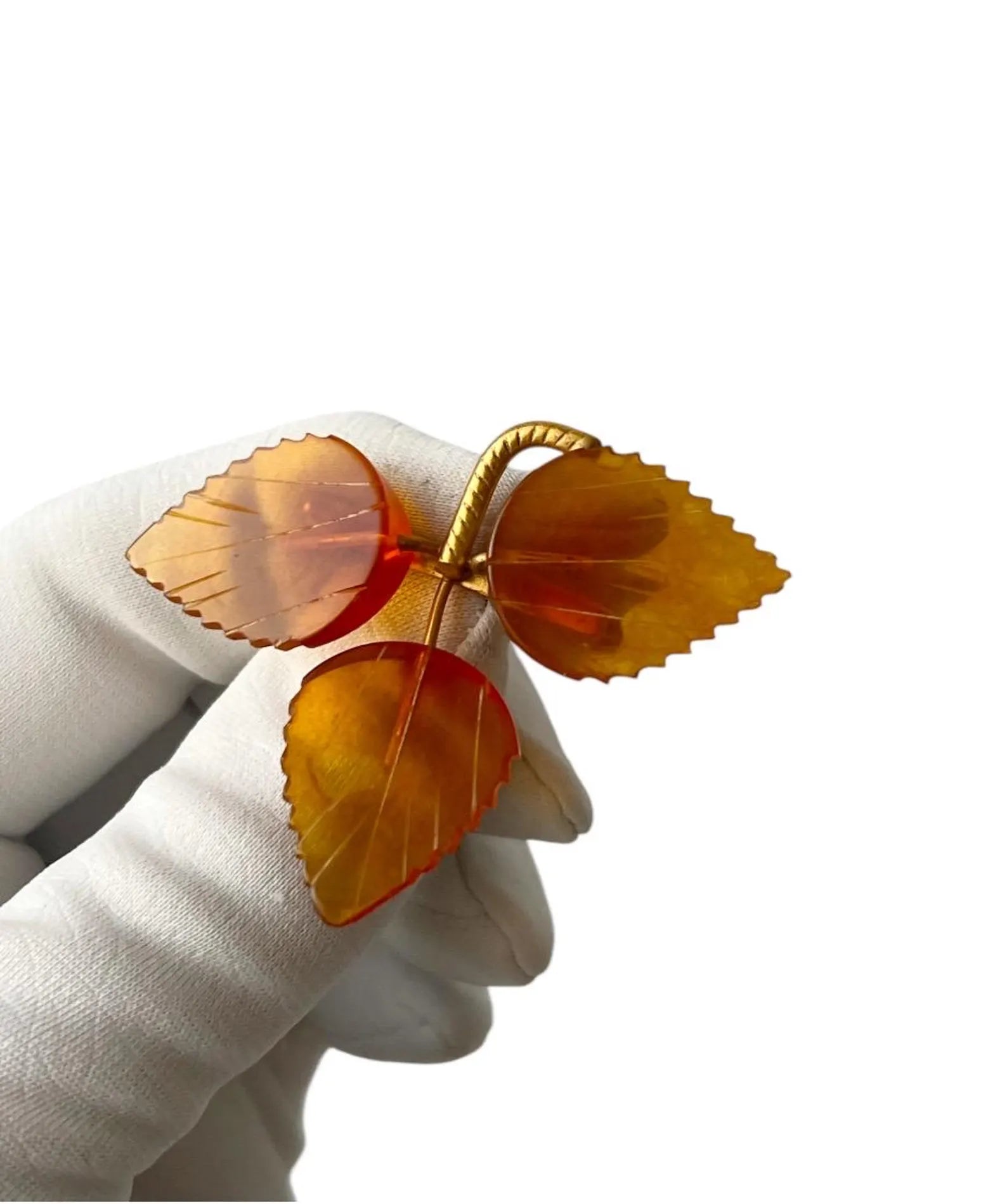 Vintage Baltic Amber Leaves Brooch - Gold Plated Brass Frame, USSR 1980s