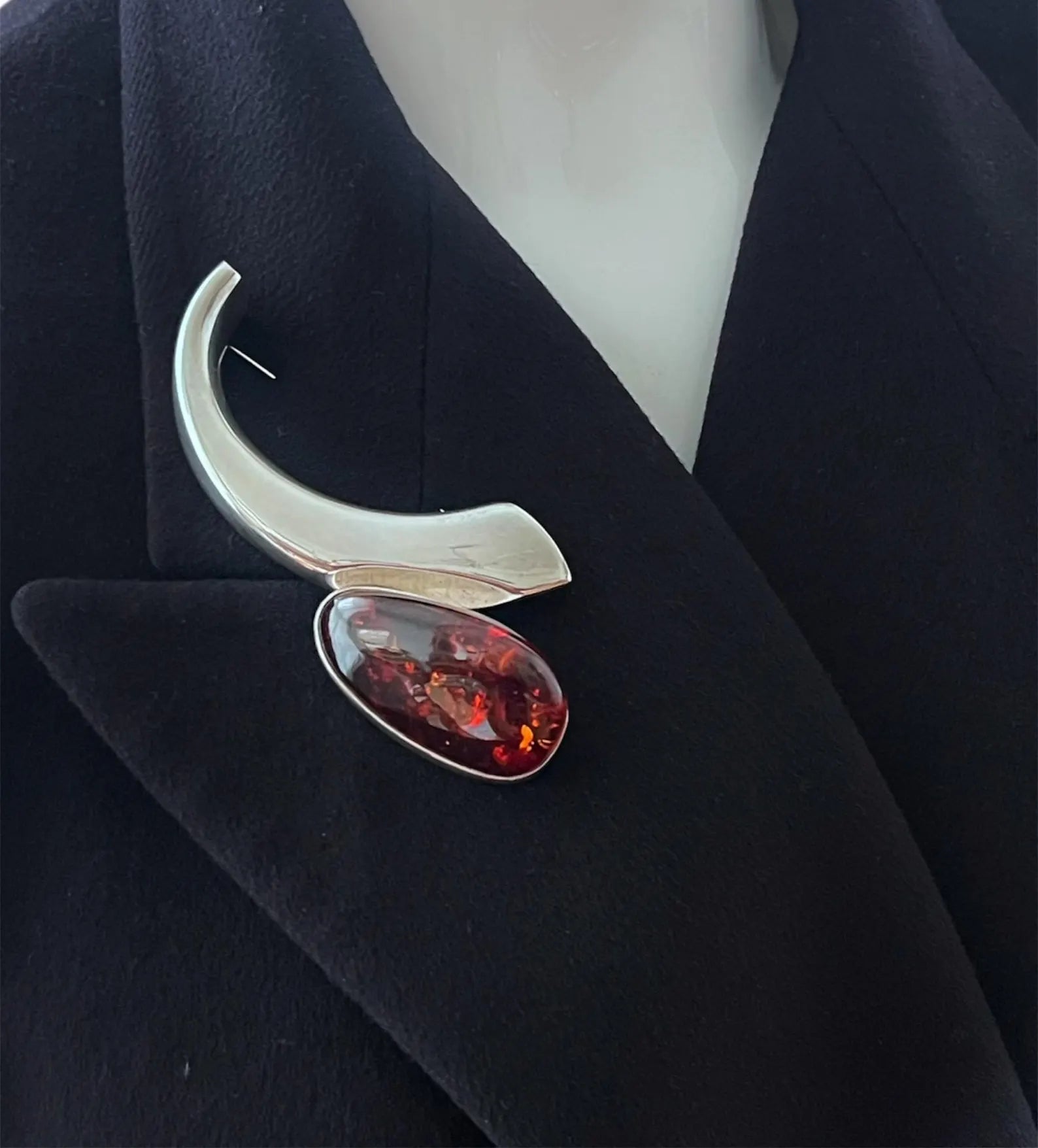 Vintage Designer Brooch. Sterling Silver and Baltic Amber by H. J. Zdanowscy. 1980.