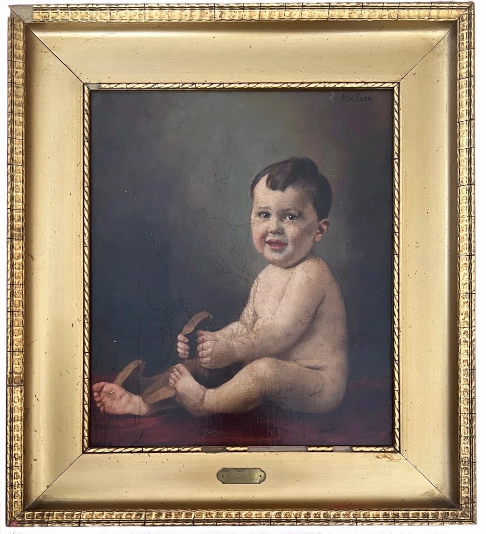 Antique Child Portrait Painting c.1900.  Oil on Board, German Atelier. Framed