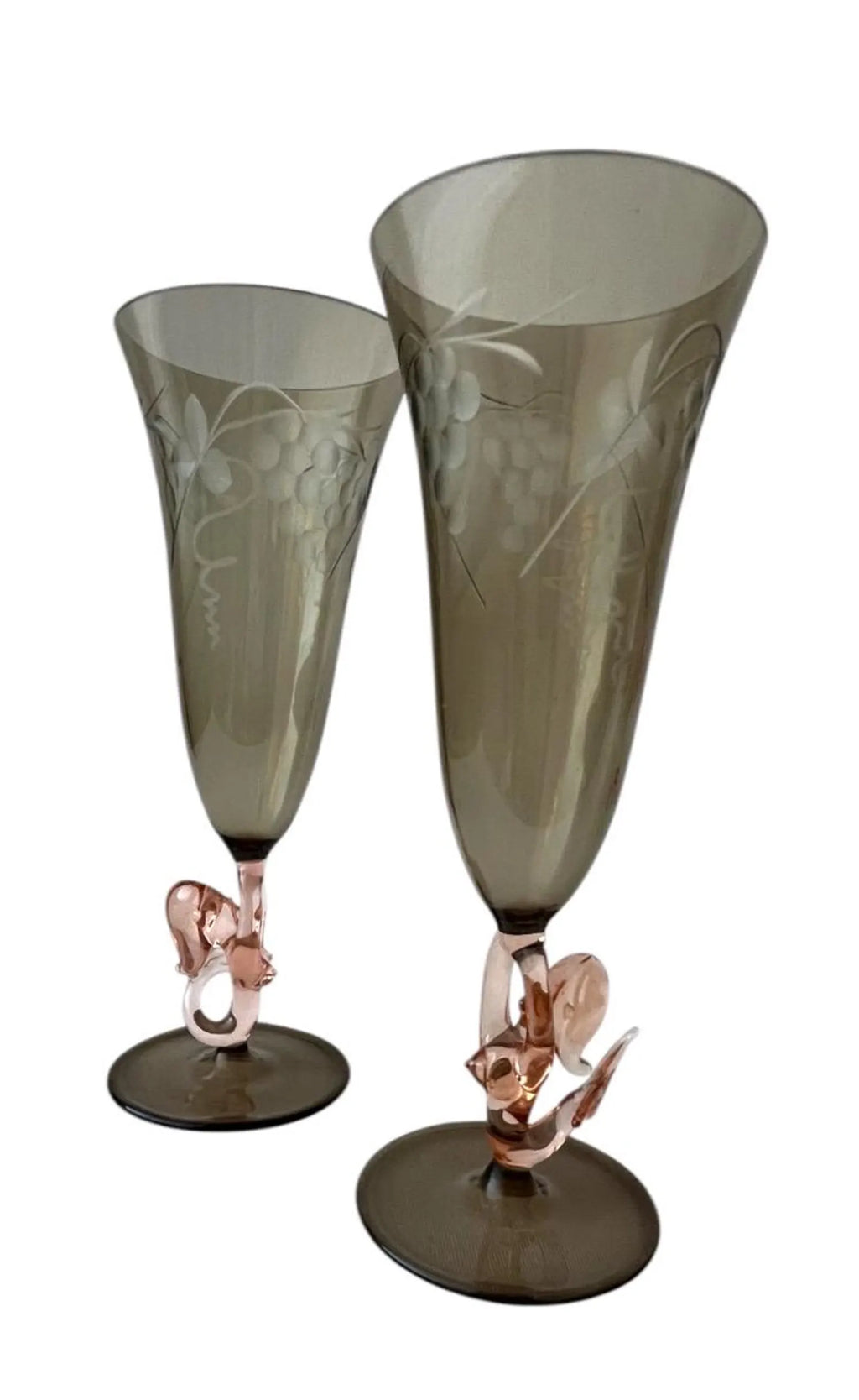Lauscha Art Deco Mermaid Glasses – Fritz Lampl Style – Hand-Blown Etched Flutes