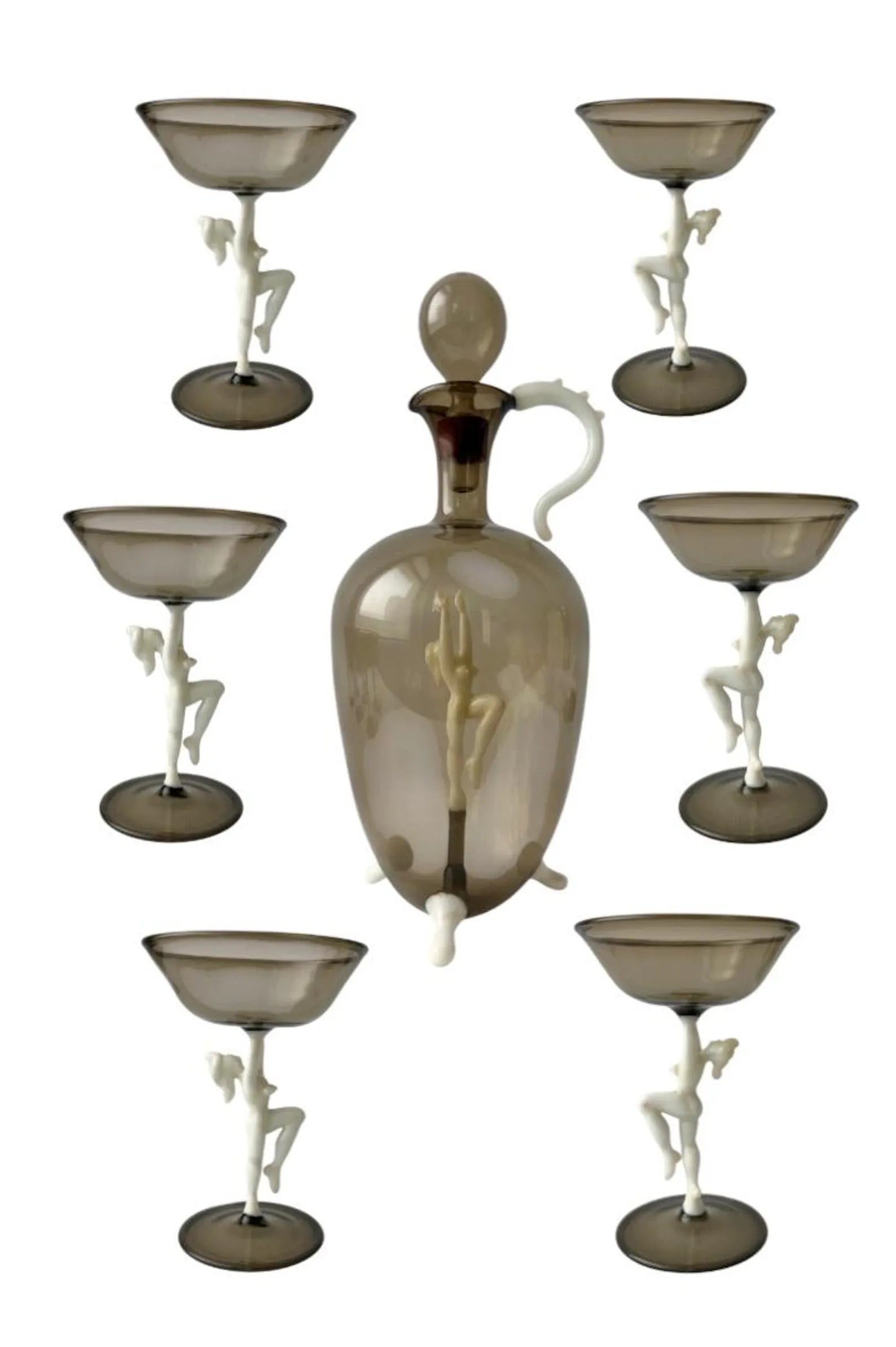 Art Deco Glass Decanter Set, Nude Figurative Stems, Fritz Lampl Bimini, 1920s