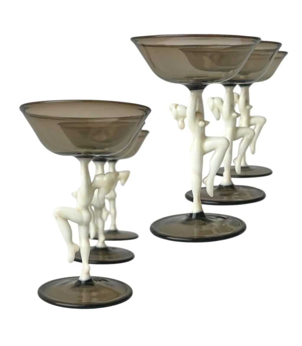 Art Deco Glass Decanter Set, Nude Figurative Stems, Fritz Lampl Bimini, 1920s