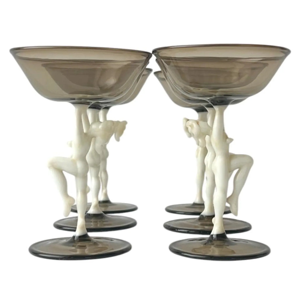Art Deco Glass Decanter Set, Nude Figurative Stems, Fritz Lampl Bimini, 1920s