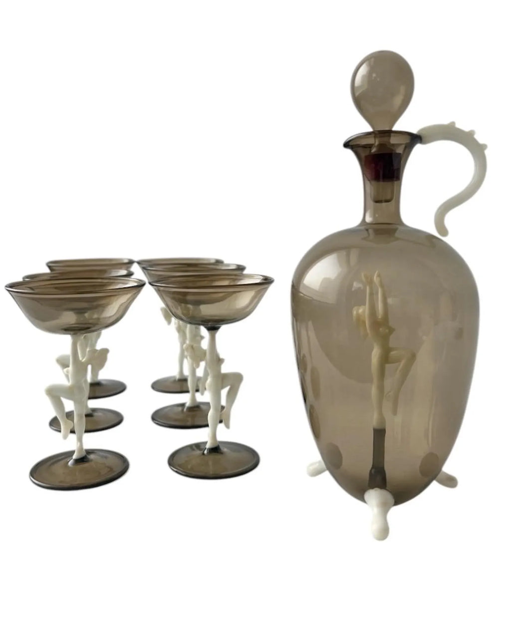 Art Deco Glass Decanter Set, Nude Figurative Stems, Fritz Lampl Bimini, 1920s