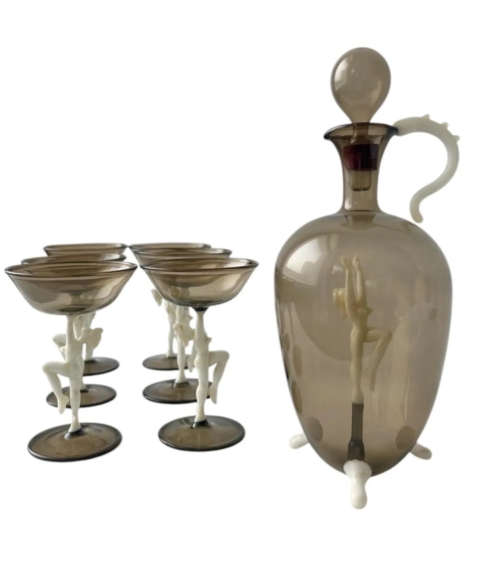 Art Deco Glass Decanter Set, Nude Figurative Stems, Fritz Lampl Bimini, 1920s