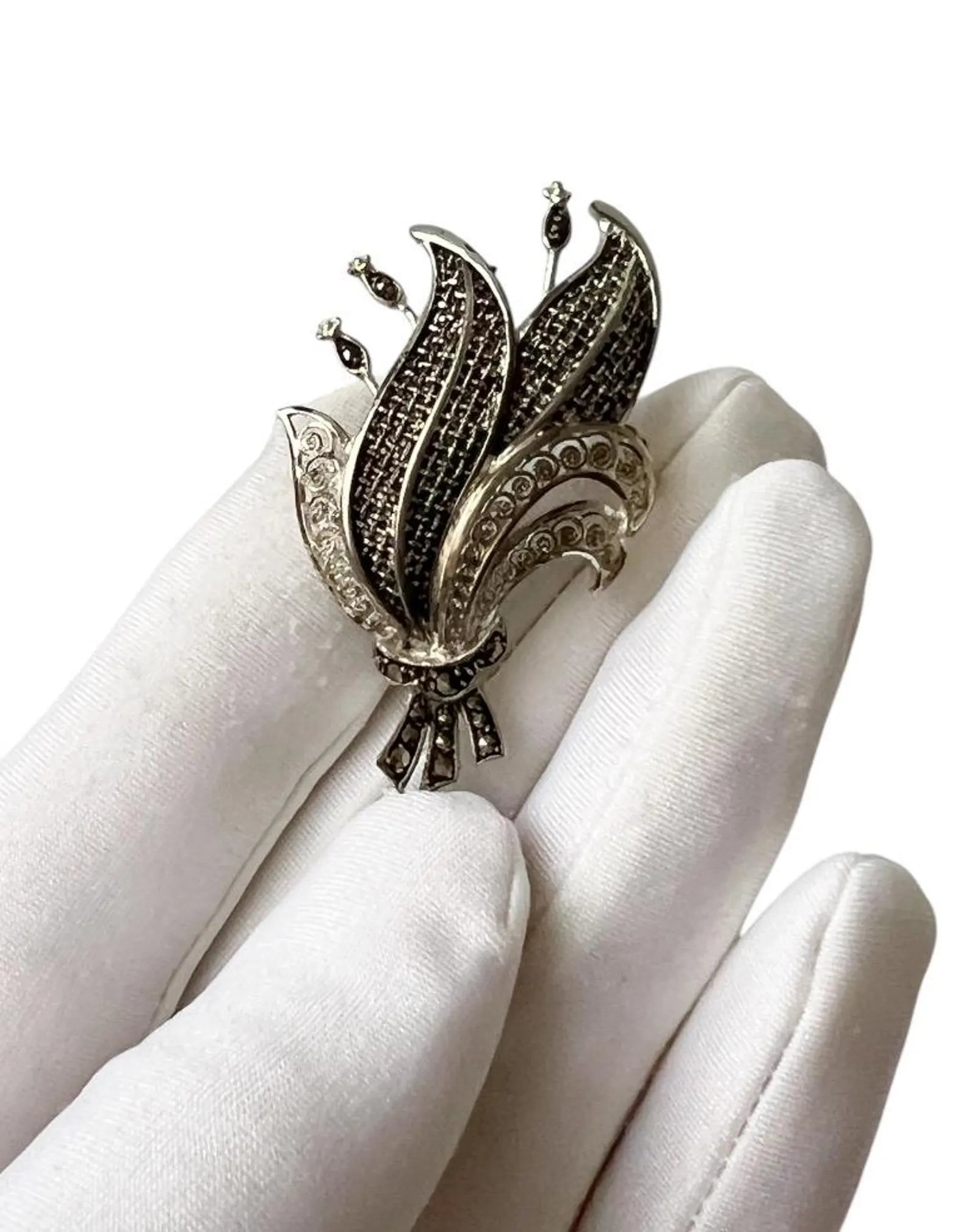 Vintage Silver Marcasite Floral Brooch
