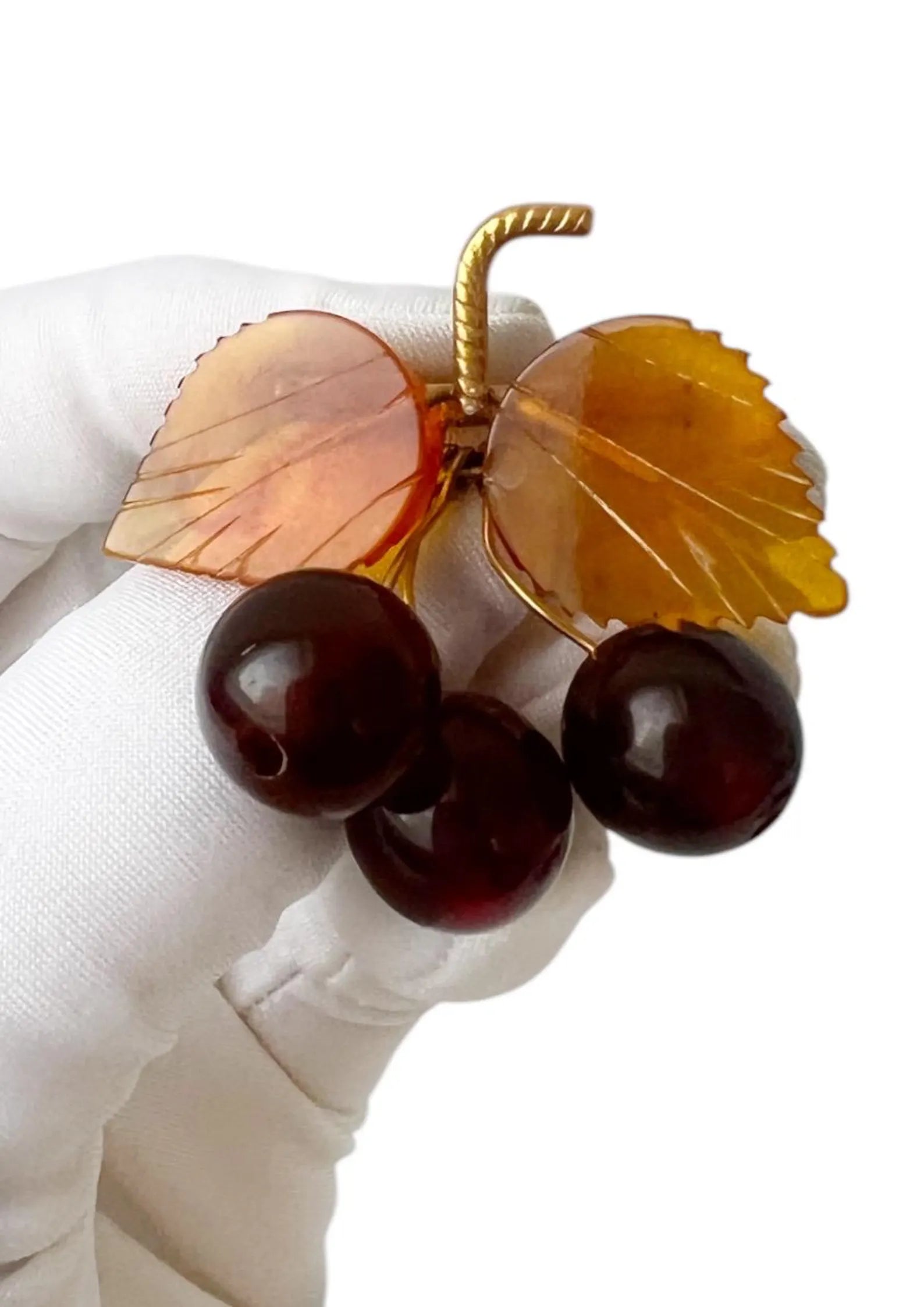 Vintage Baltic Amber Cherry Brooch - Gold Plated Brass Frame, USSR 1980s