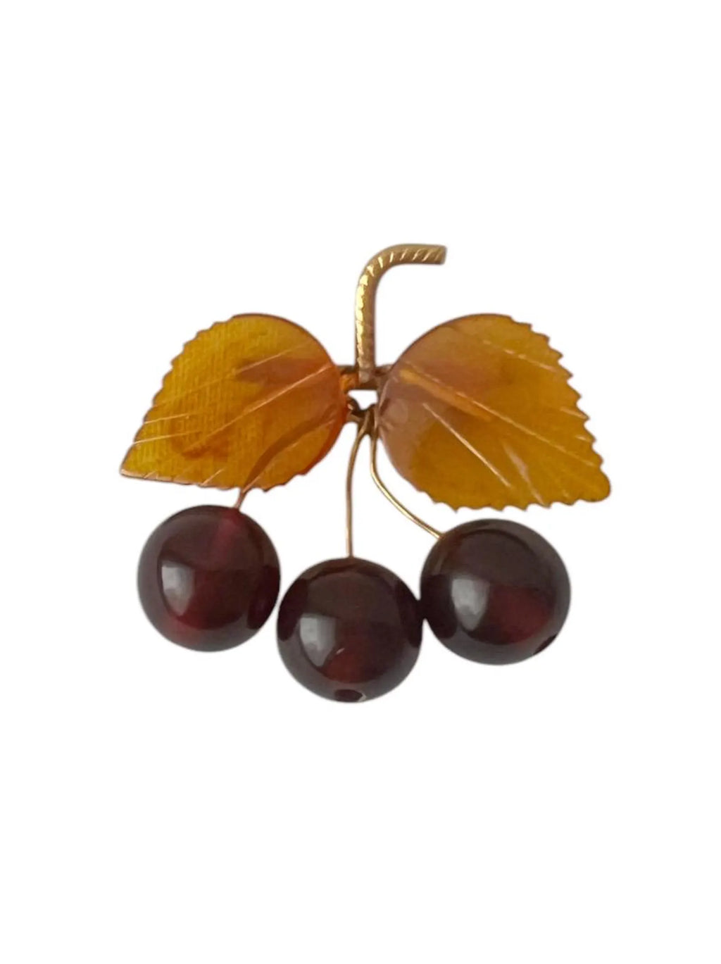 Vintage Baltic Amber Cherry Brooch - Gold Plated Brass Frame, USSR 1980s