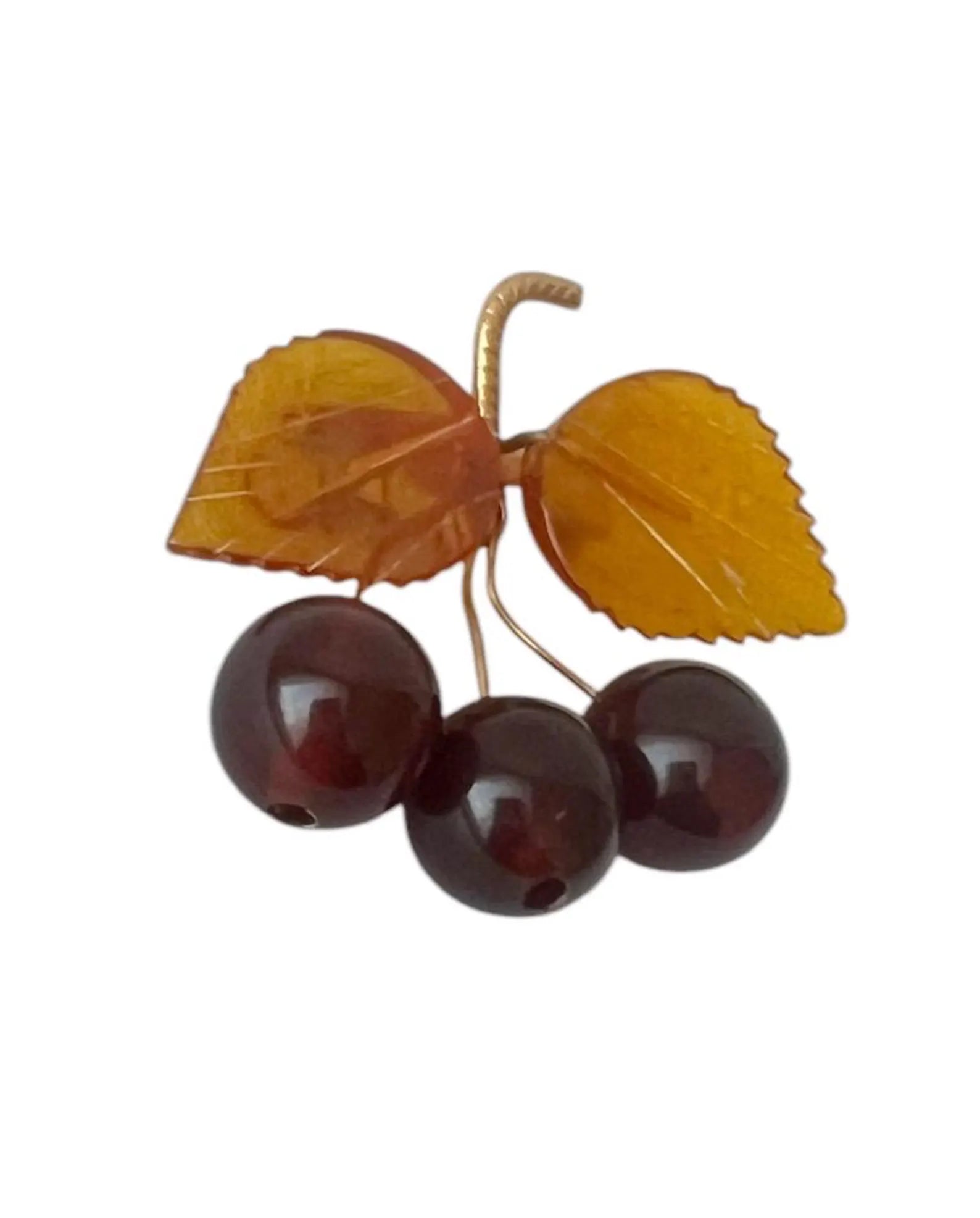 Vintage Baltic Amber Cherry Brooch - Gold Plated Brass Frame, USSR 1980s