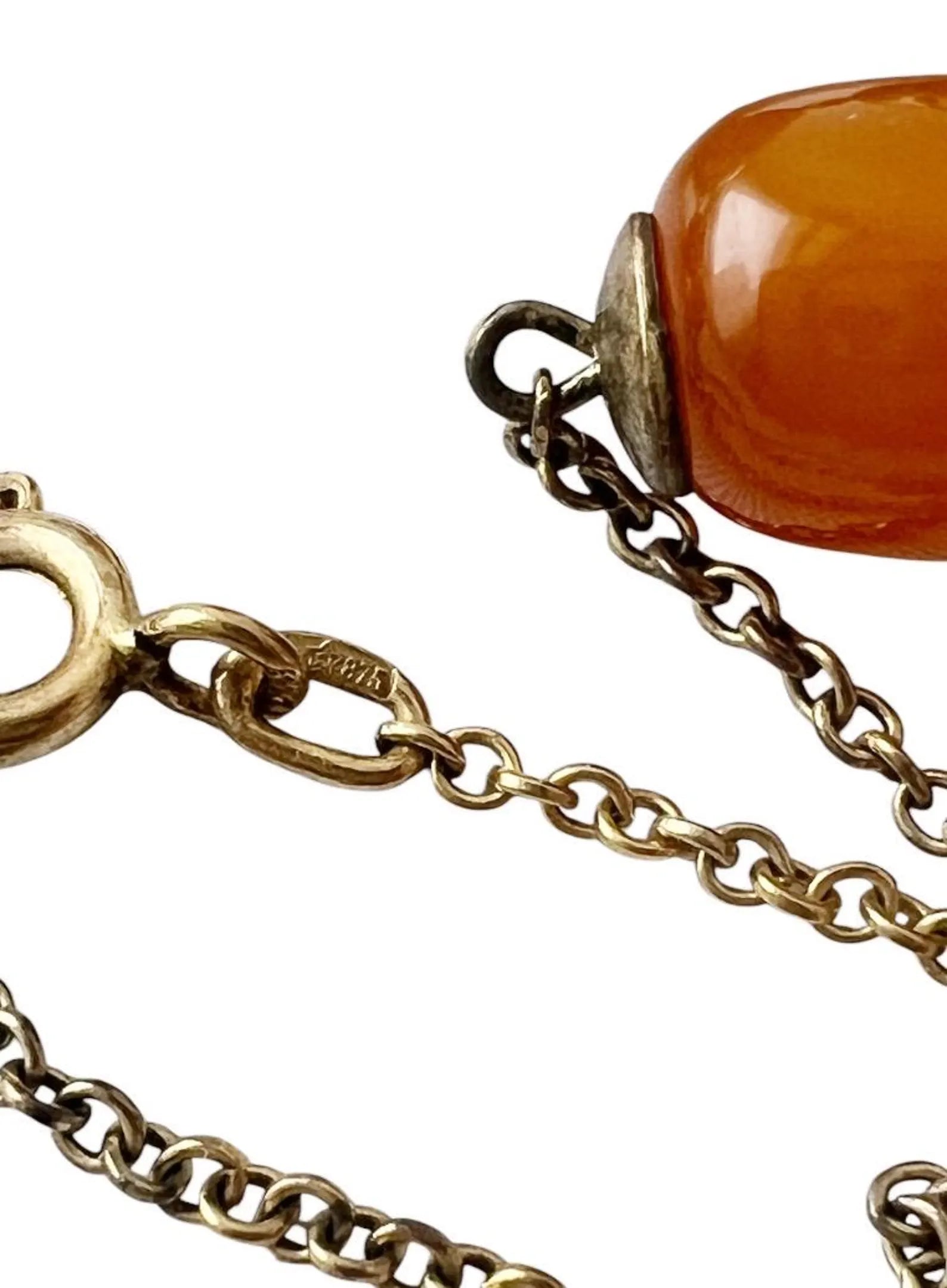 Vintage Soviet Amber Necklace, 875 Silver Gold-Plated Chain, 1950s USSR Jewelry