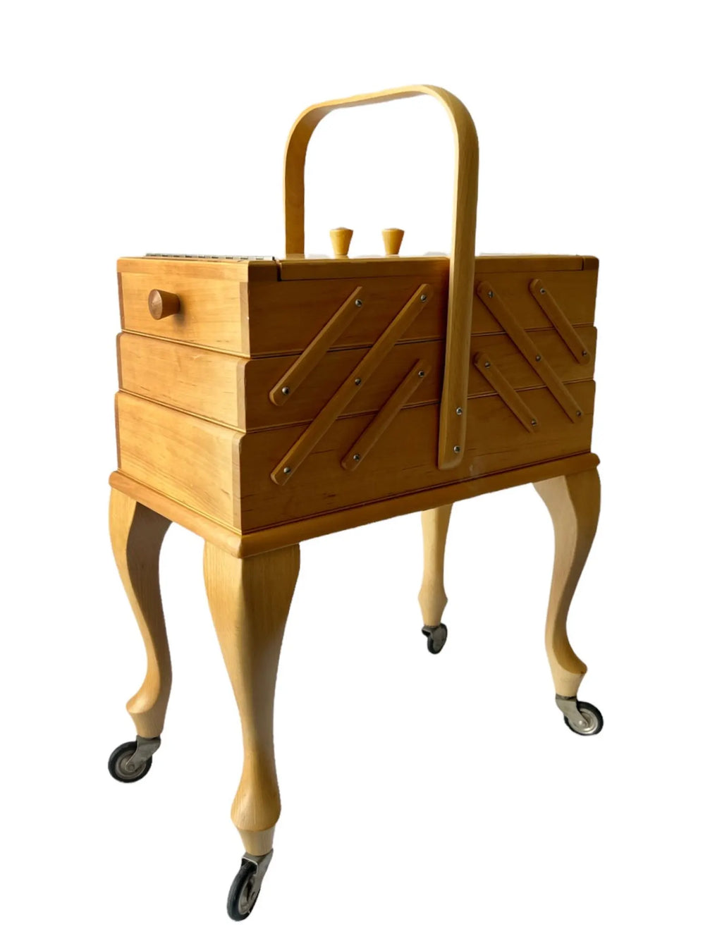 Vintage Stand Sewing Box on Legs with Wheels. Craft Caddy.