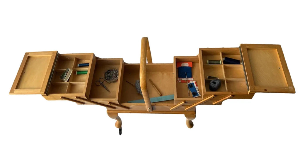 Vintage Stand Sewing Box on Legs with Wheels. Craft Caddy.
