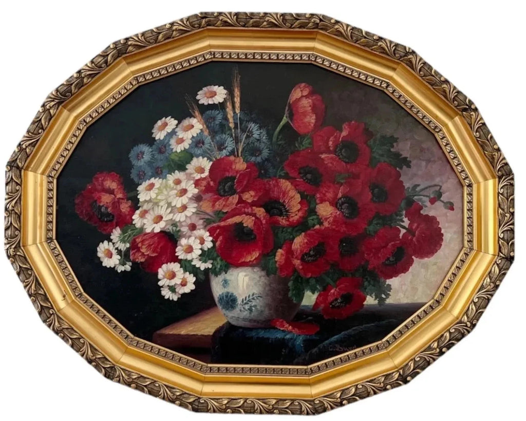 Floral Still Life Oil Painting: Daisies, Cornflowers, Poppies, Ornate Frame