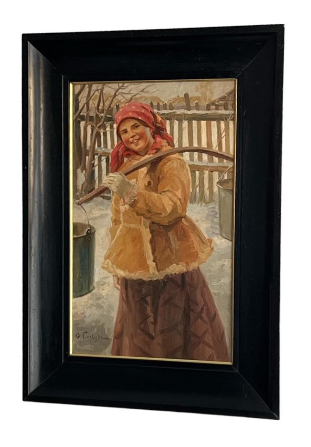Antique Oil Painting – Signed Peasant Woman Portrait, Rustic Folk Art – Framed Artwork
