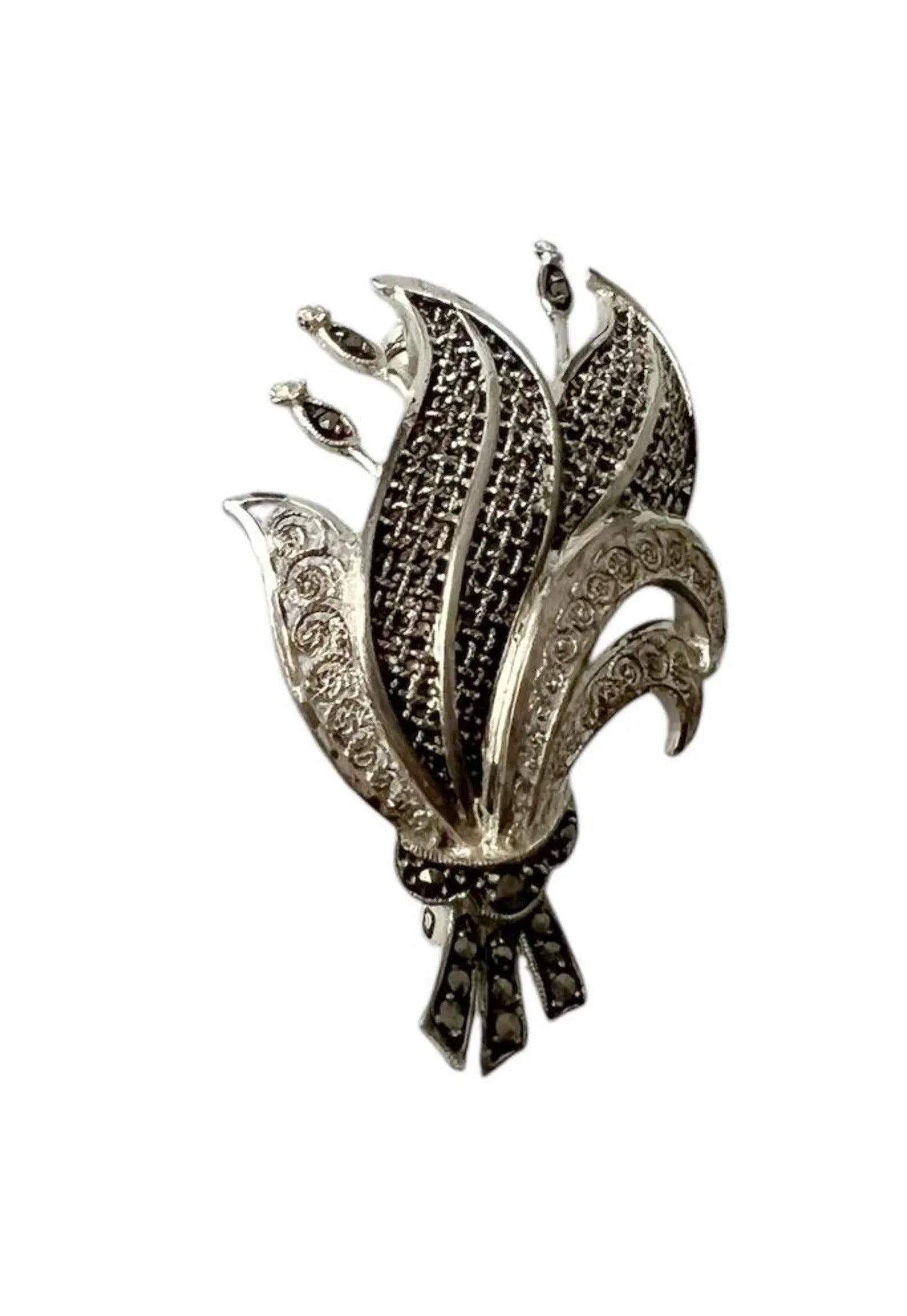 Vintage Silver Marcasite Floral Brooch