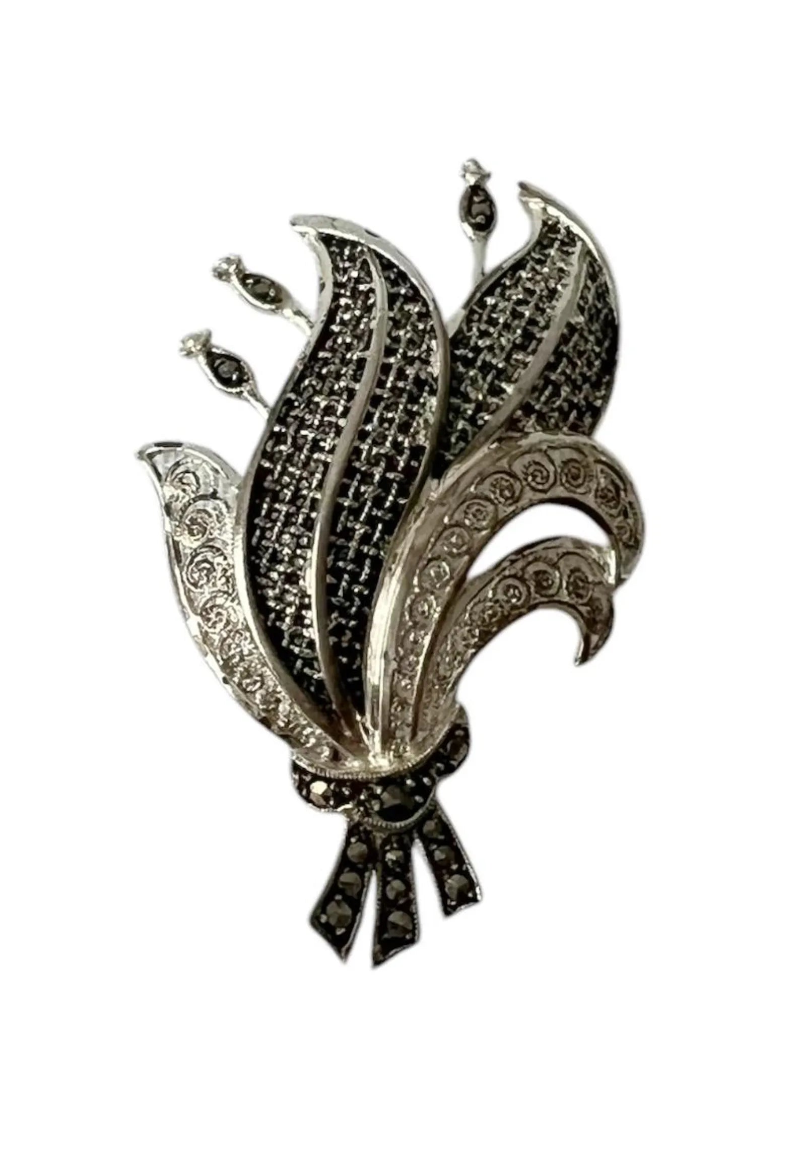 Vintage Silver Marcasite Floral Brooch