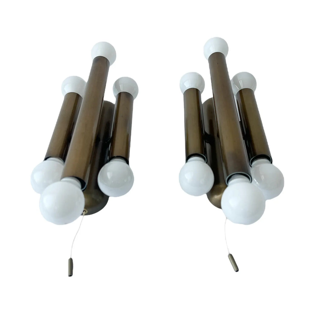Motoko Ishii Style Mid-Century Modern Bronze Wall Sconces, Set of 2.