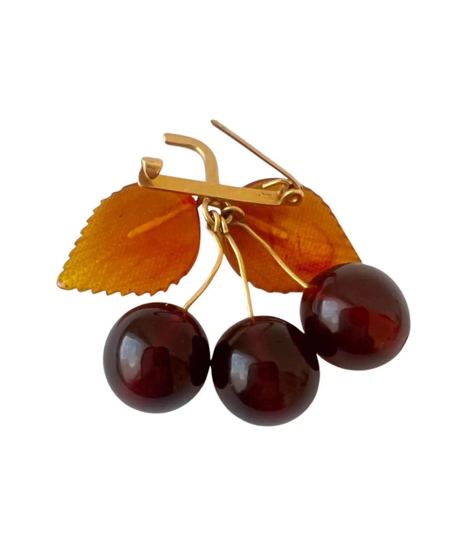 Vintage Baltic Amber Cherry Brooch - Gold Plated Brass Frame, USSR 1980s