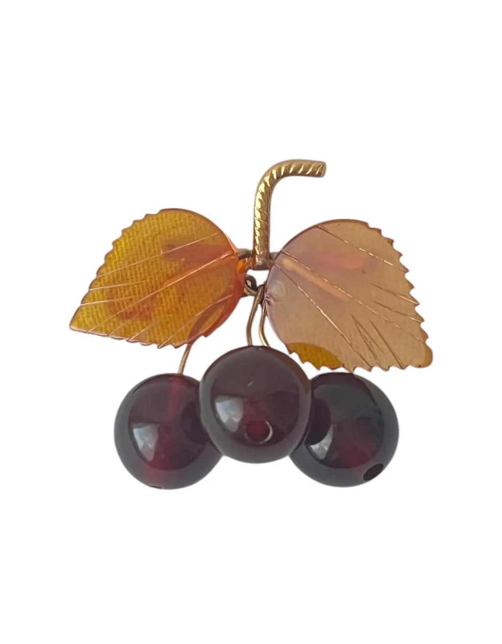 Vintage Baltic Amber Cherry Brooch - Gold Plated Brass Frame, USSR 1980s