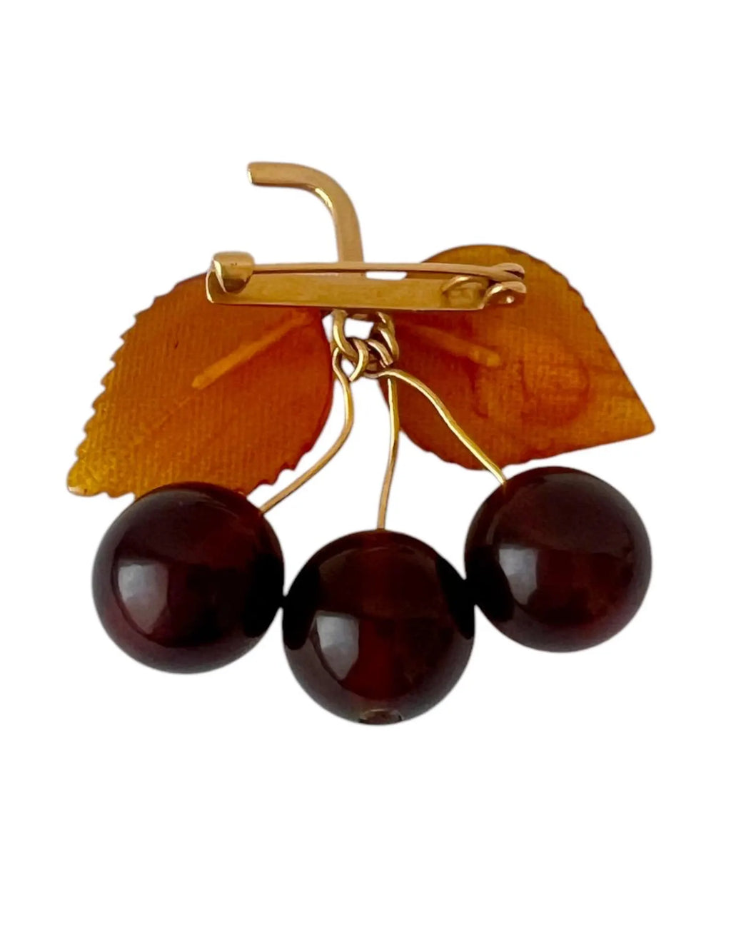 Vintage Baltic Amber Cherry Brooch - Gold Plated Brass Frame, USSR 1980s