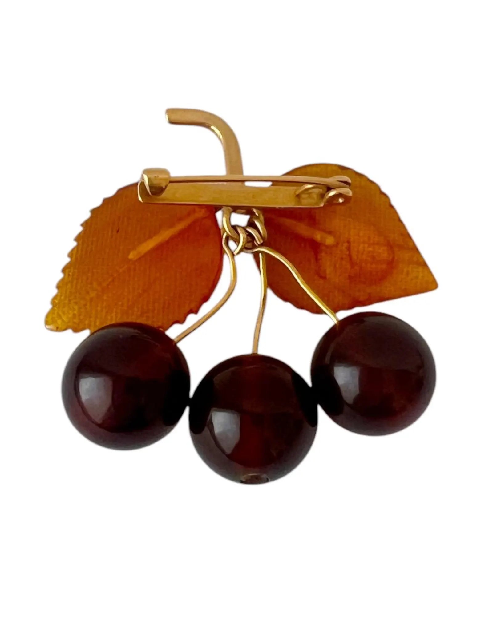 Vintage Baltic Amber Cherry Brooch - Gold Plated Brass Frame, USSR 1980s