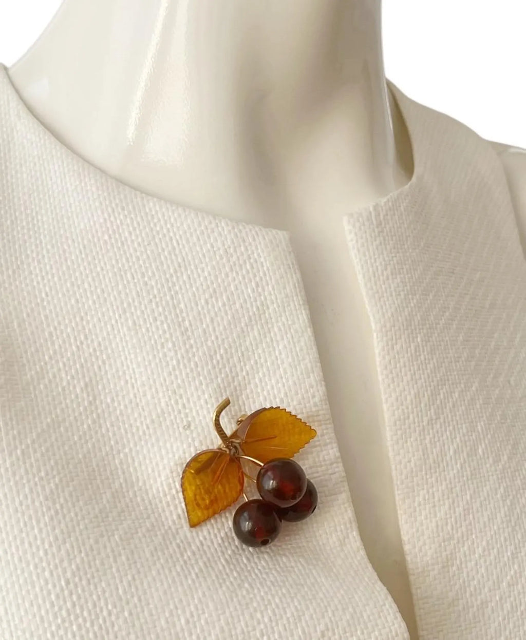 Vintage Baltic Amber Cherry Brooch - Gold Plated Brass Frame, USSR 1980s