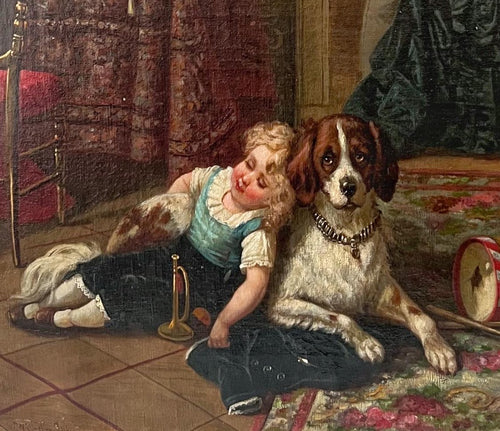 19th Century Victorian Oil Painting, Child and Dog, Signed Wilhelm Pistor