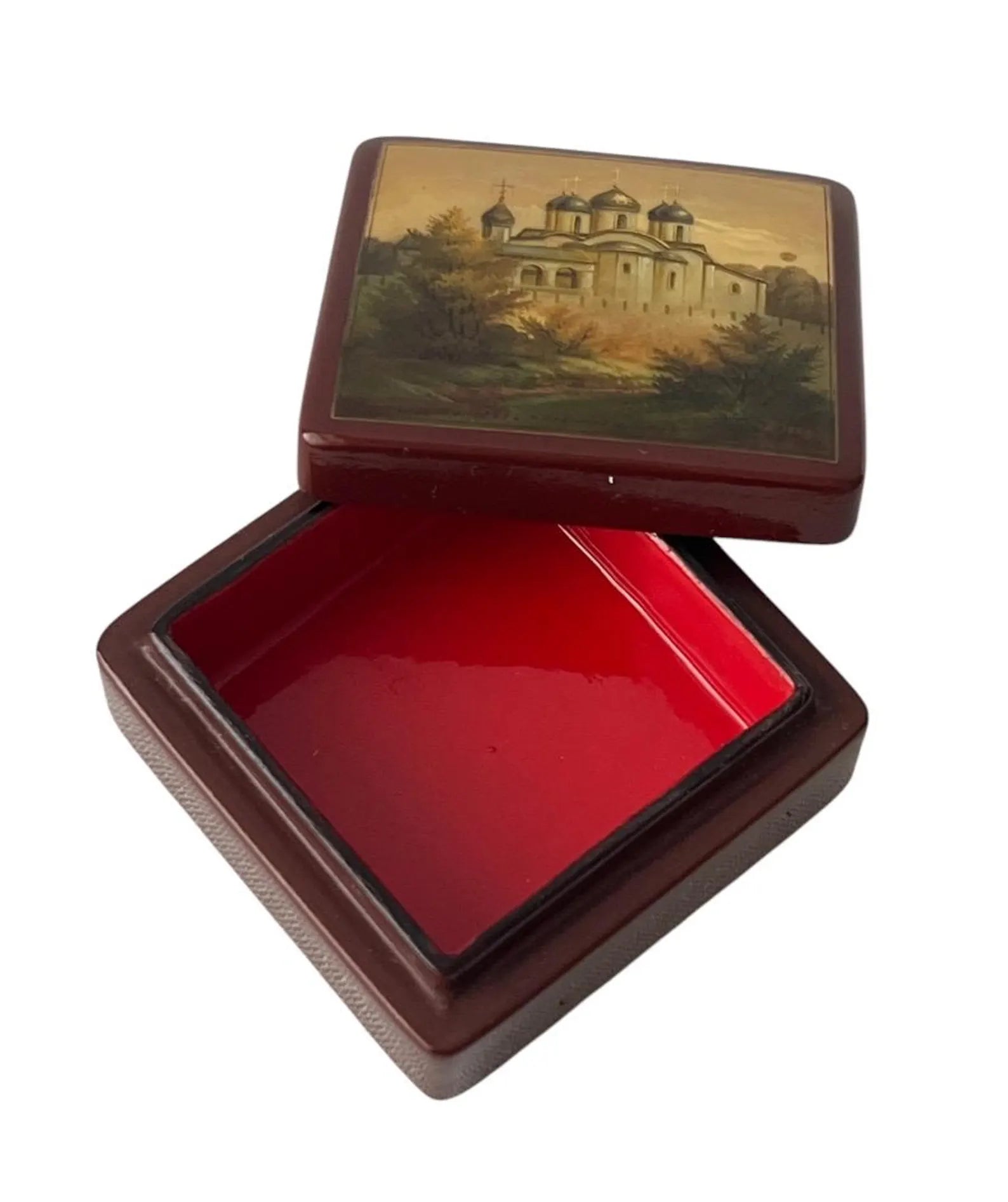 Vintage Fedoskino Lacquer Box, Russian Miniature Jewelry Box, Orthodox Church Painting