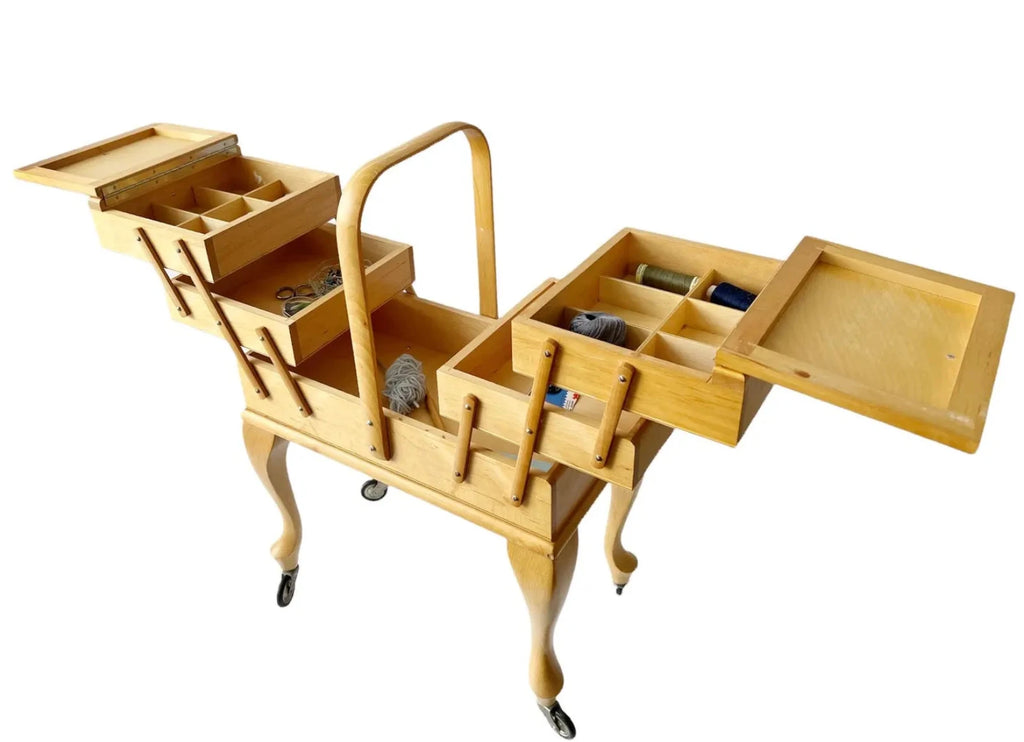 Vintage Stand Sewing Box on Legs with Wheels. Craft Caddy.