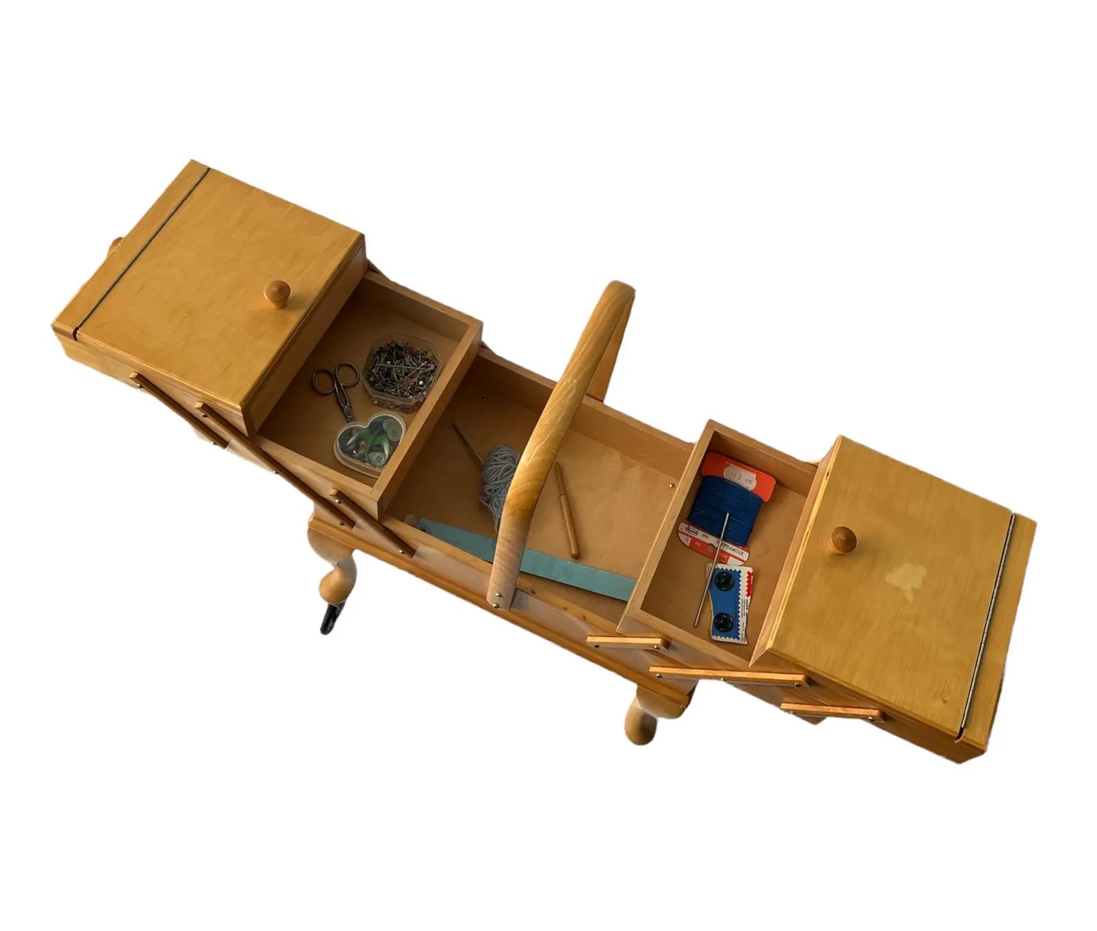 Vintage Stand Sewing Box on Legs with Wheels. Craft Caddy.
