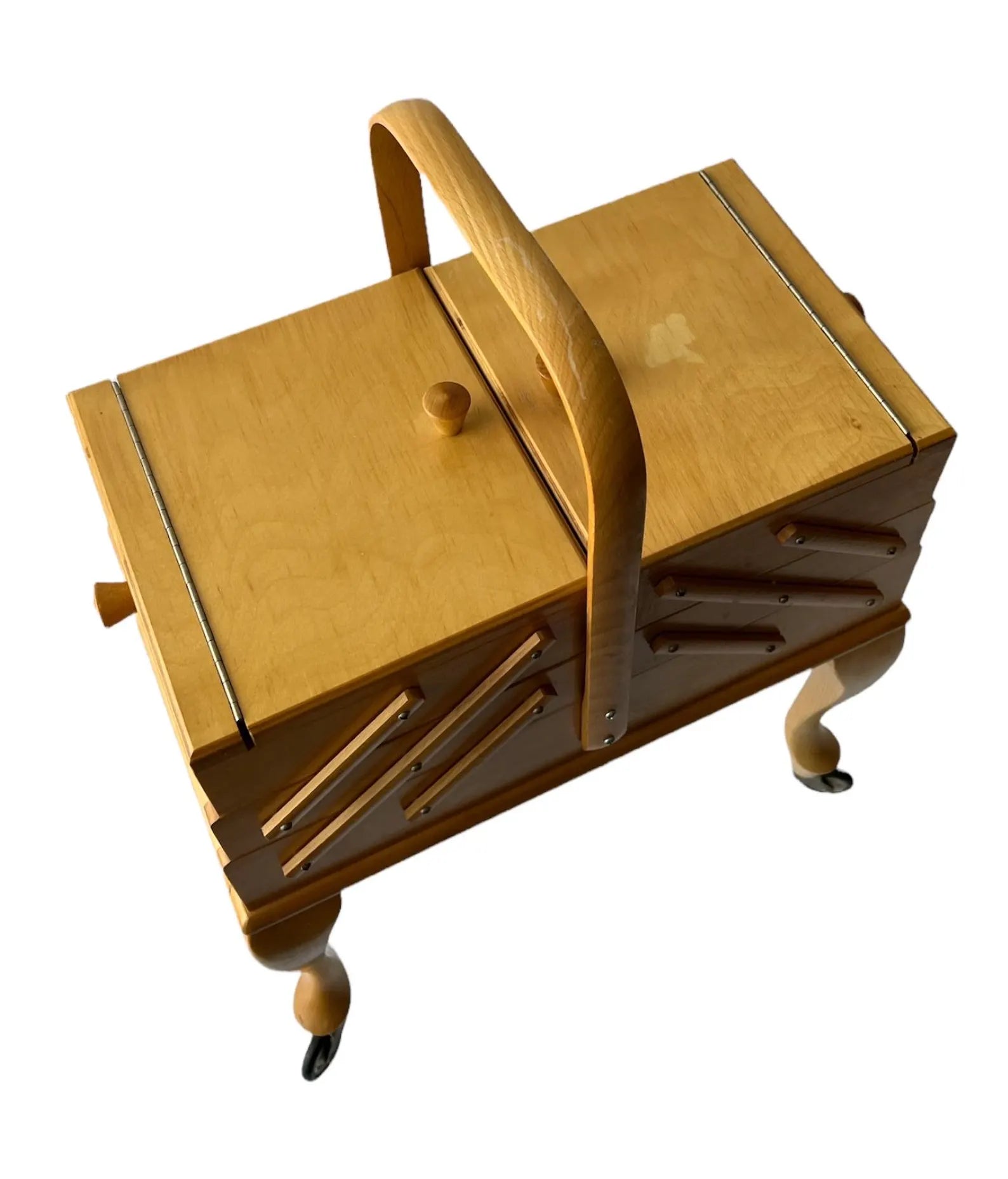 Vintage Stand Sewing Box on Legs with Wheels. Craft Caddy.