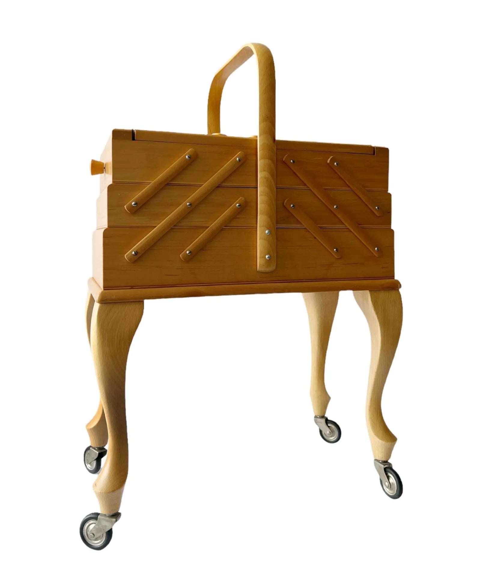 Vintage Stand Sewing Box on Legs with Wheels. Craft Caddy.