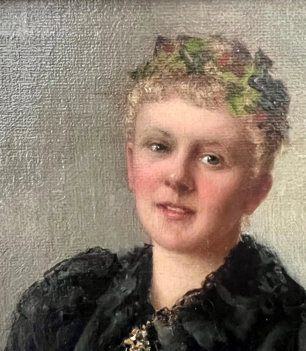 Antique Oil Painting: German Portrait of a Lady with Wine Glass by Fanny Retemeyer