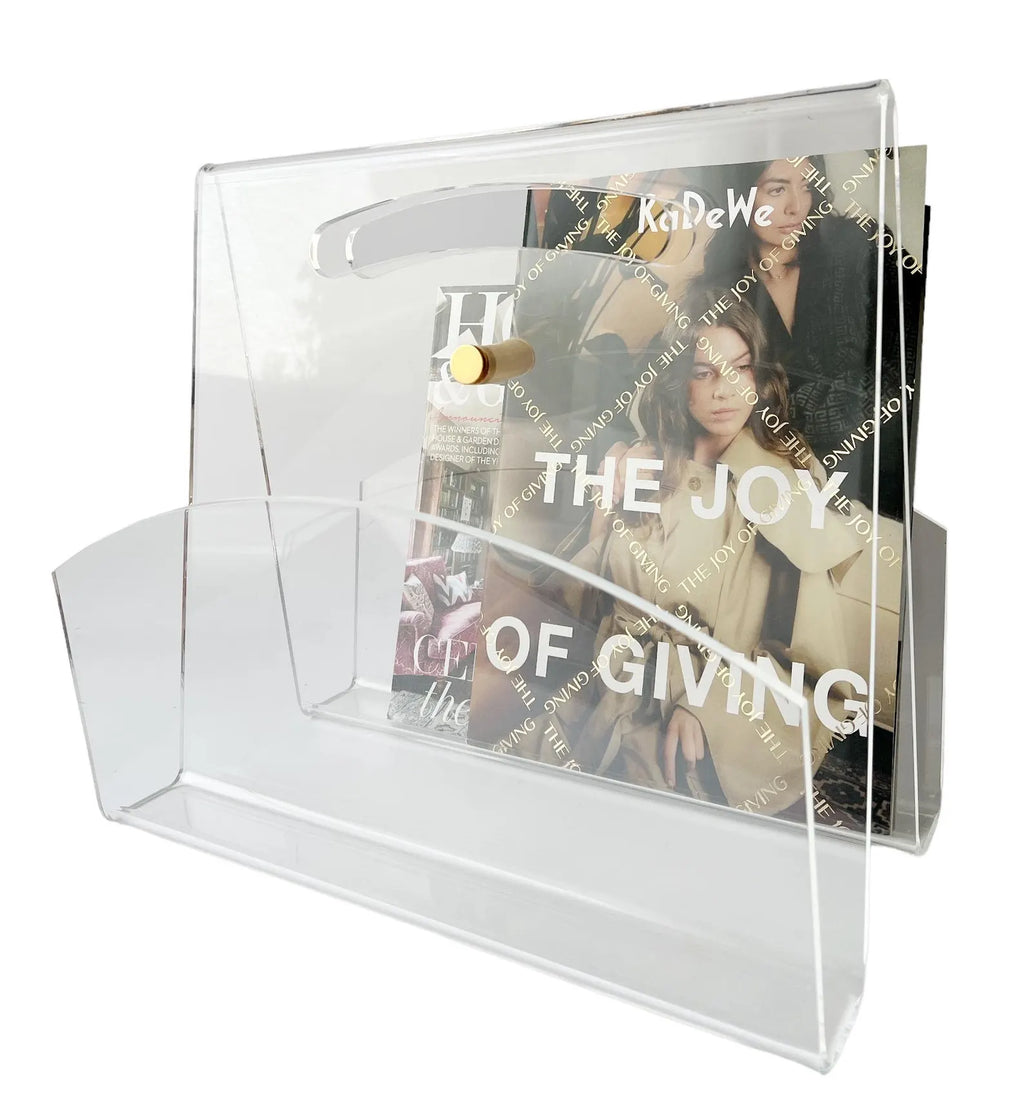 Vintage Plexiglass Magazine Rack with Brass Accent, 1980s-1990s, West Germany.
