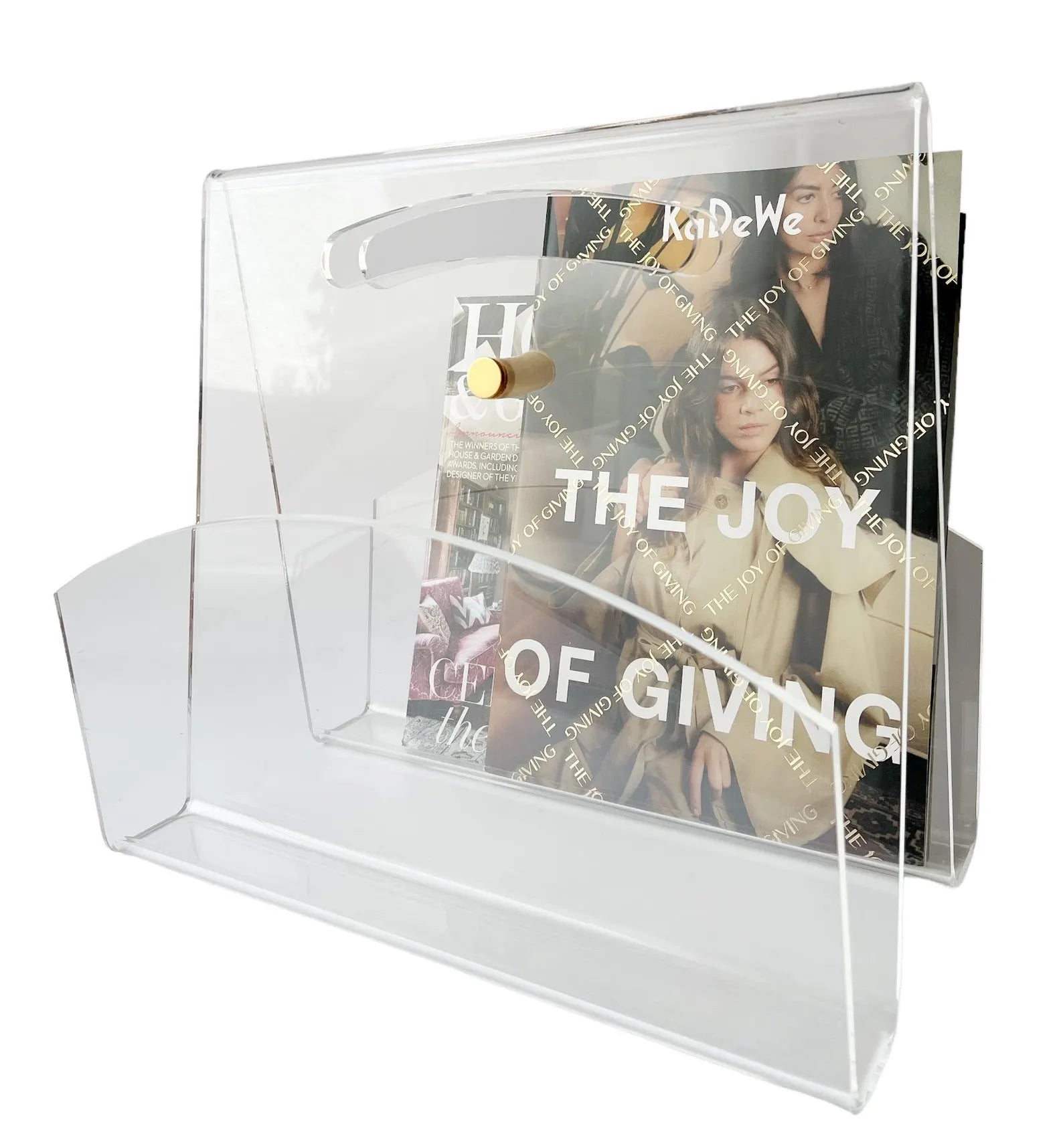 Vintage Plexiglass Magazine Rack with Brass Accent, 1980s-1990s, West Germany.