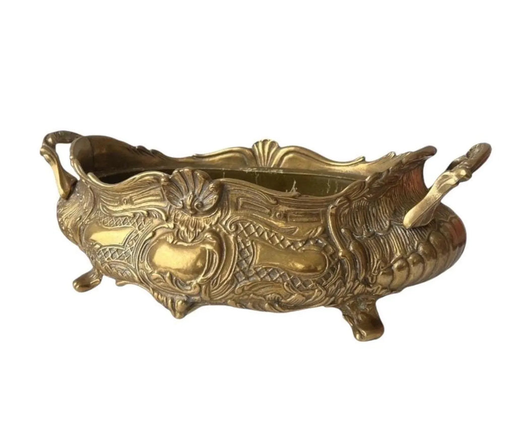 Large French Art Nouveau Brass Jardinière with Removable Liner, Vintage Planter