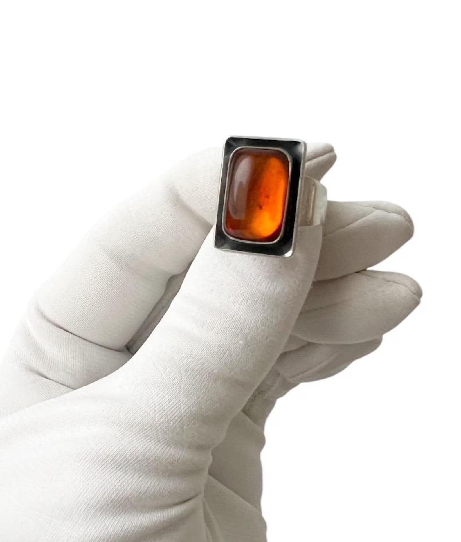 Vintage Baltic Amber Ring, Sterling Silver, Danish Modernist, Niels Erik From. UK size: M