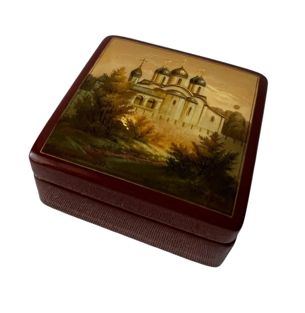 Vintage Fedoskino Lacquer Box, Russian Miniature Jewelry Box, Orthodox Church Painting