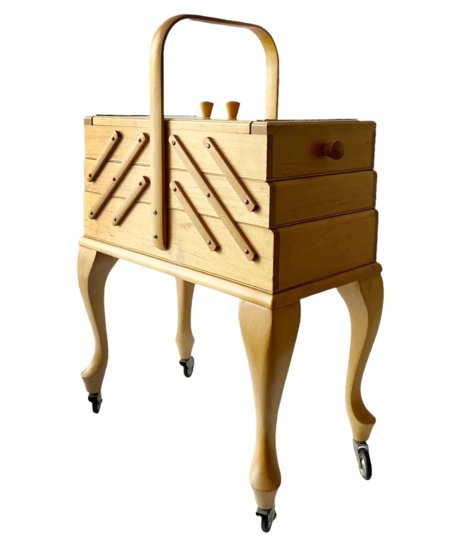Vintage Stand Sewing Box on Legs with Wheels. Craft Caddy.