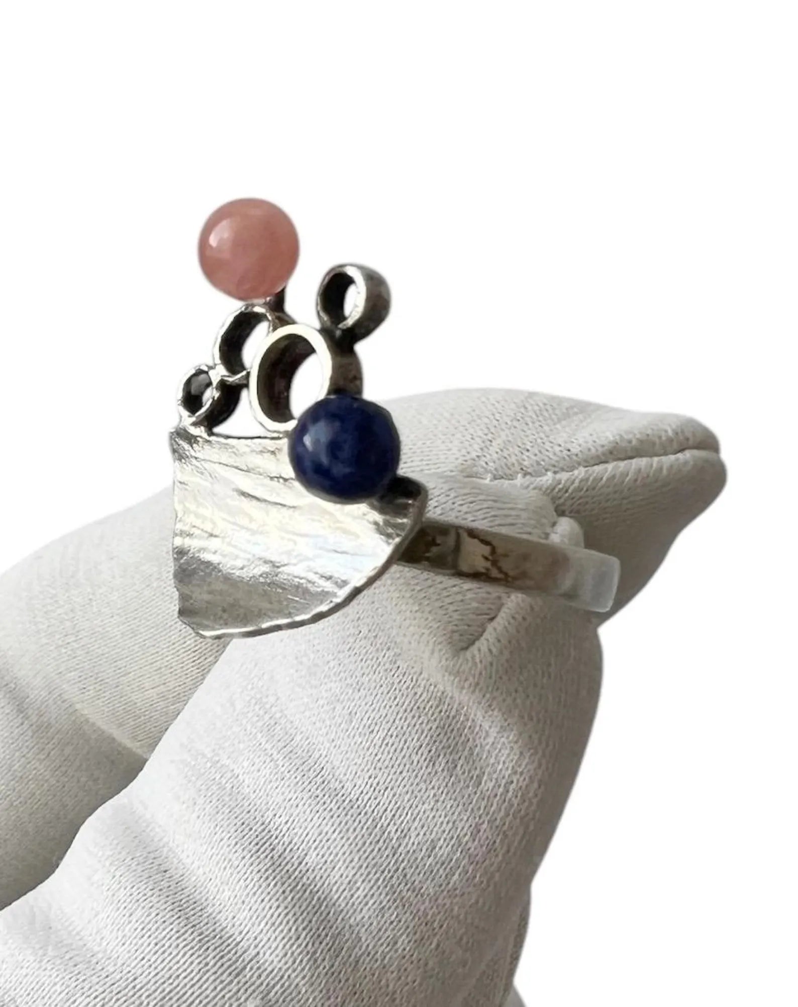 Vintage Modernist Silver Ring. Rose Quartz & Lapis Lazuli. UK Size: O