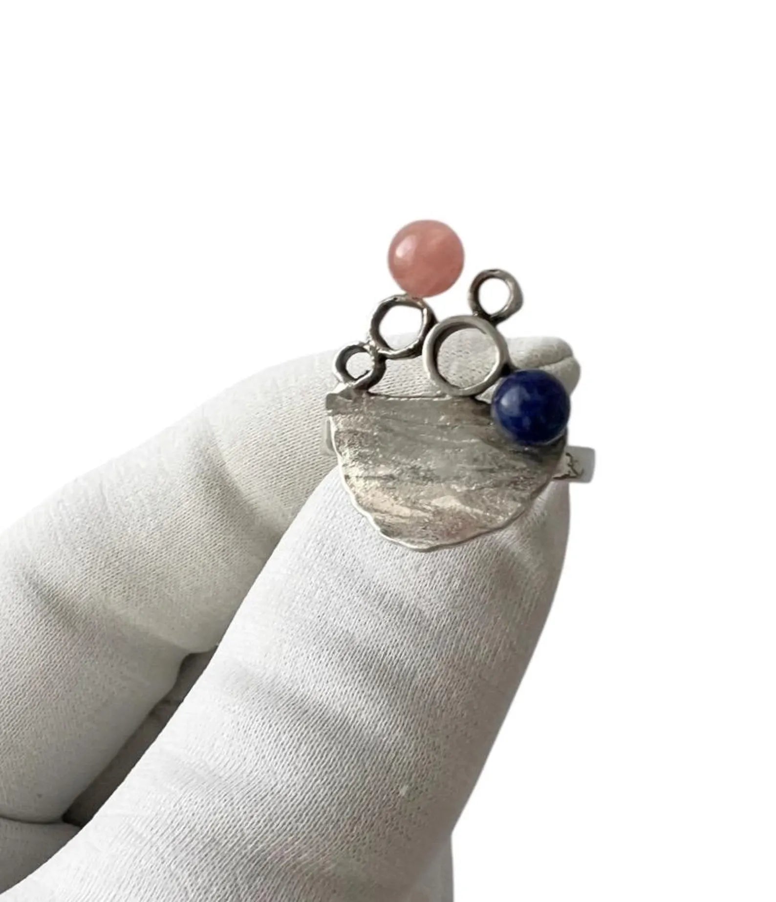 Vintage Modernist Silver Ring. Rose Quartz & Lapis Lazuli. UK Size: O
