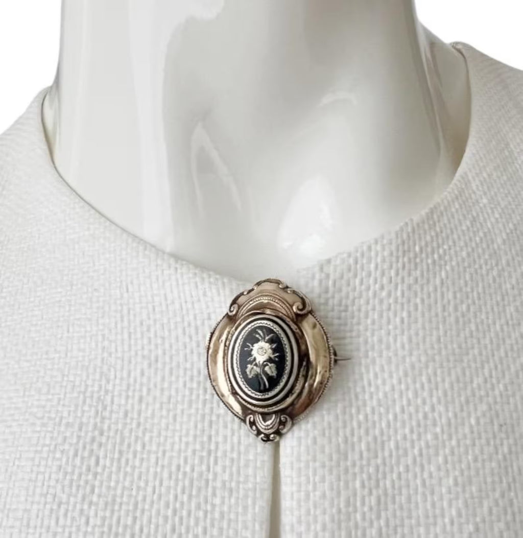 Antique German Biedermeier Mourning Brooch. Foamed Gold & Black Enamel.