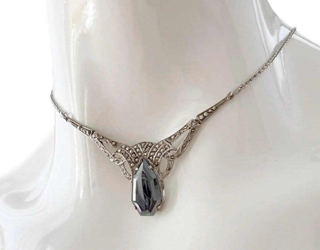 Antique Art Deco 800 Silver & Marcasite Necklace with Faceted Hematite Pendant